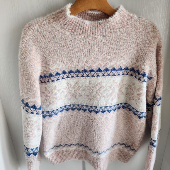 Fair Isle Nordic Sweater Cozy Christmas Snowflake Pink White Blue Women's Medium - Picture 4 of 7